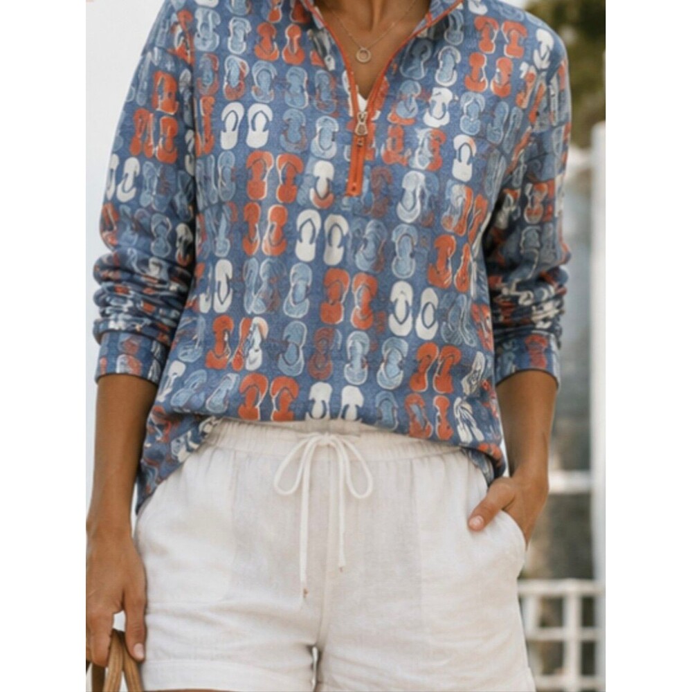 Quarter Zip Beachy S Blue Red Flip Flop Novelty Print Coastal Resortwear Summer